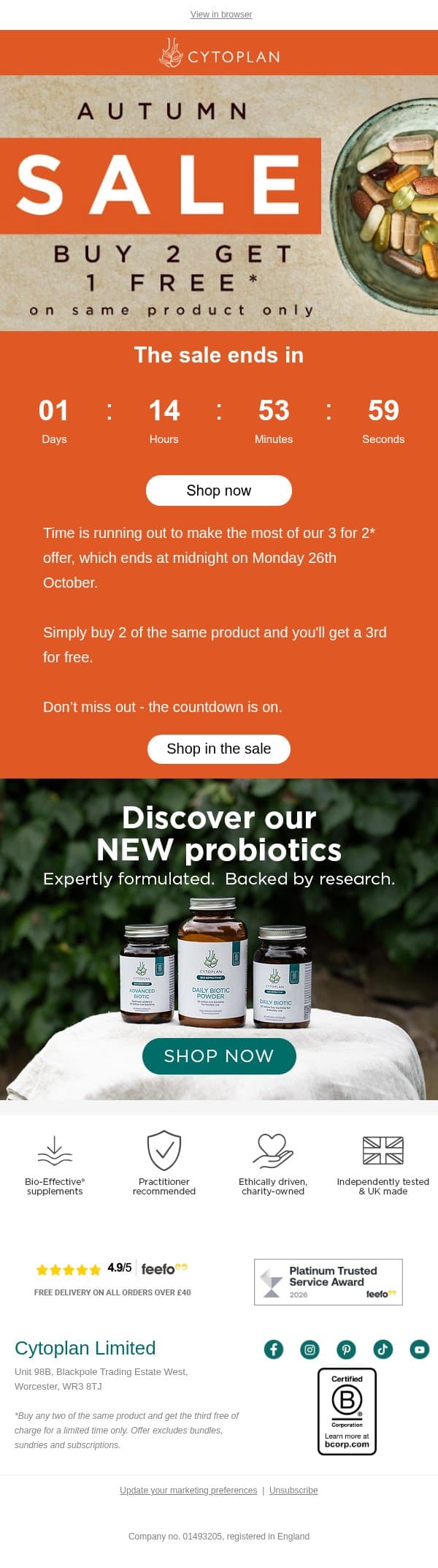 The countdown is on: your 3 for 2 offer ends tomorrow email from Cytoplan screenshot