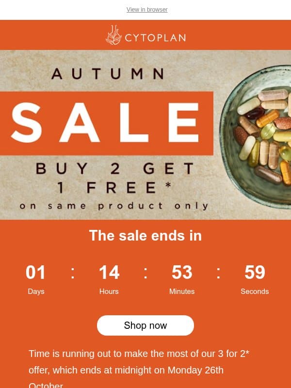 The countdown is on: your 3 for 2 offer ends tomorrow email from Cytoplan