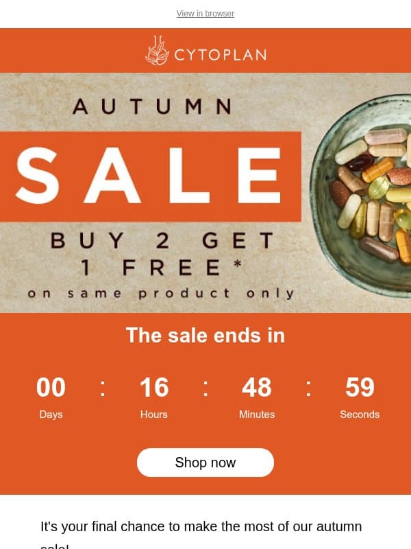 FINAL HOURS! Our autumn sale ends tonight email from Cytoplan