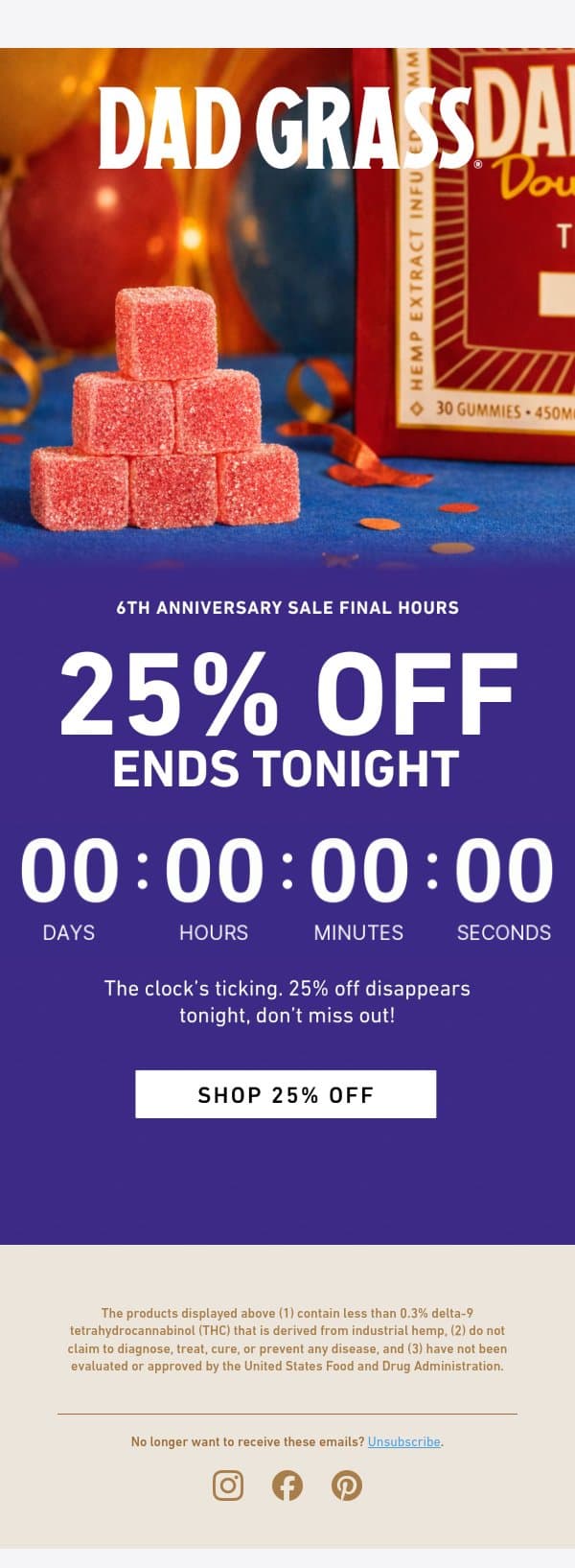 🚨 25% off ends tonight! email from Dad Grass screenshot