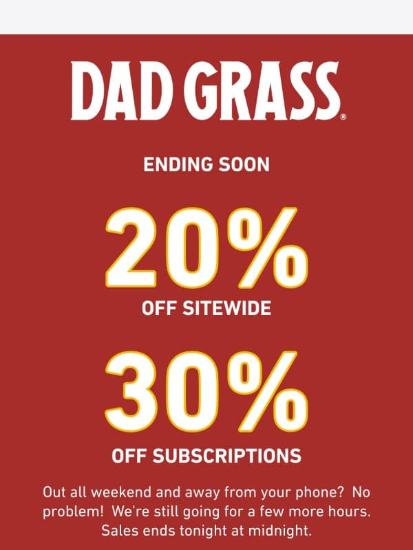 Last chance: 20% off everything ends at midnight email from Dad Grass