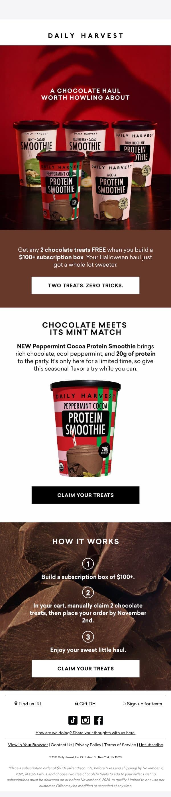 Trick or treat: 2 free chocolate treats email from Daily Harvest screenshot