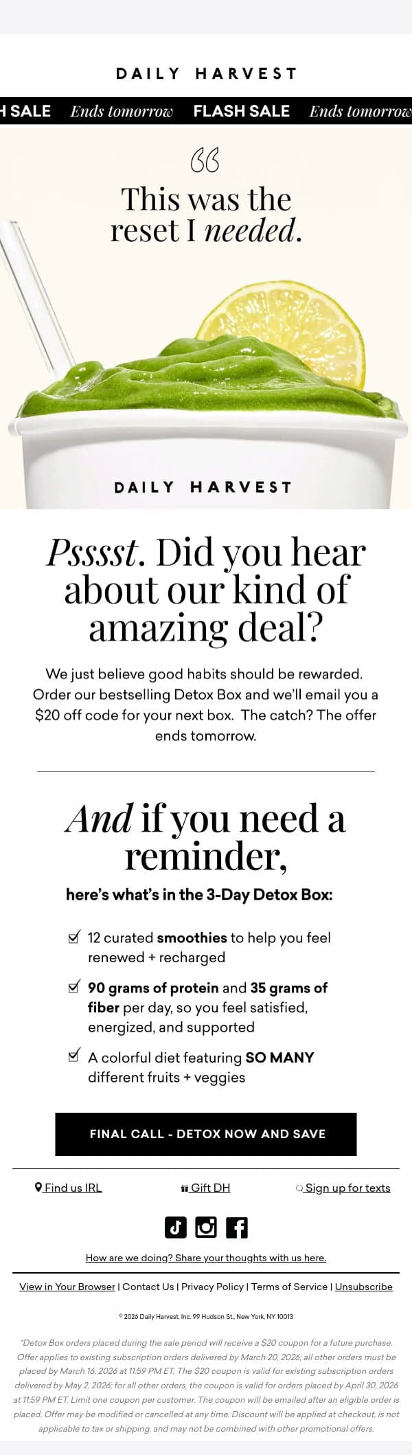 ENDS TOMORROW email from Daily Harvest screenshot