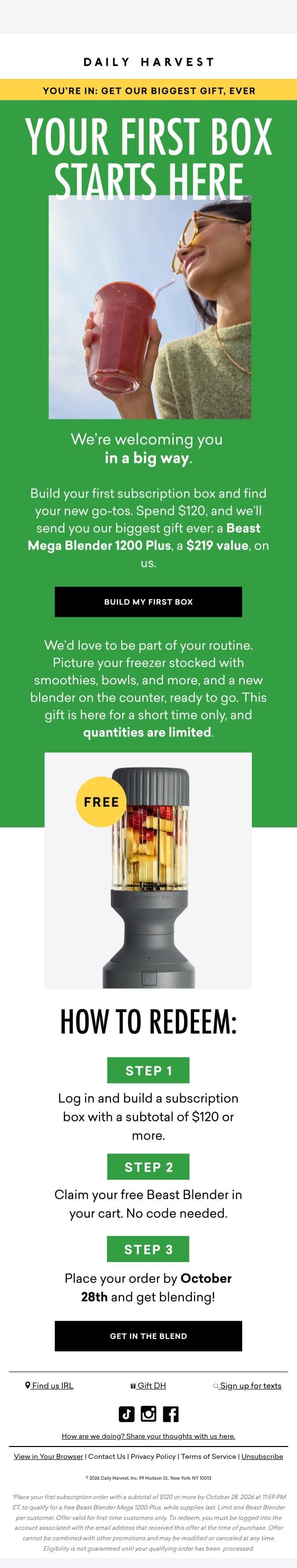 How does a free Beast Blender ($219 value) sound? email from Daily Harvest screenshot