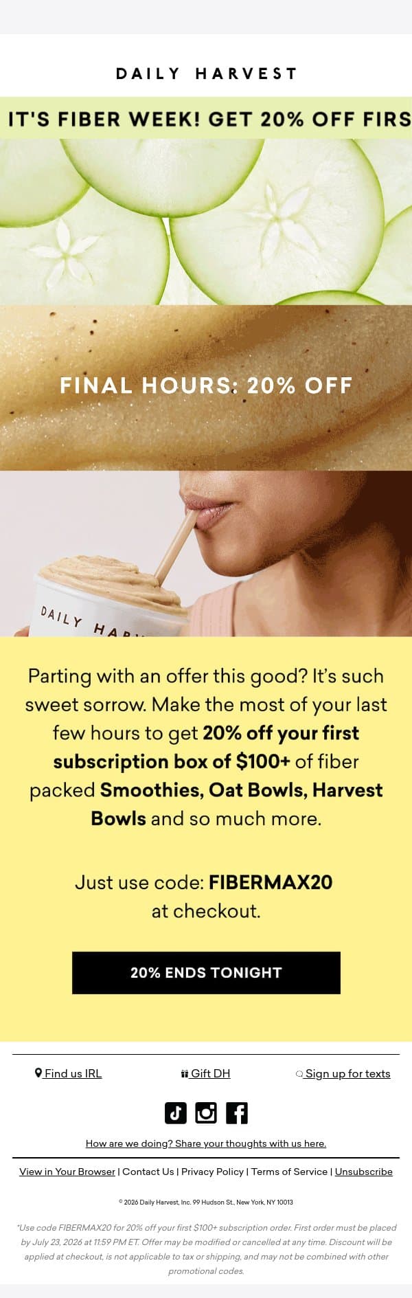 Final call: 20% off $100+ email from Daily Harvest screenshot