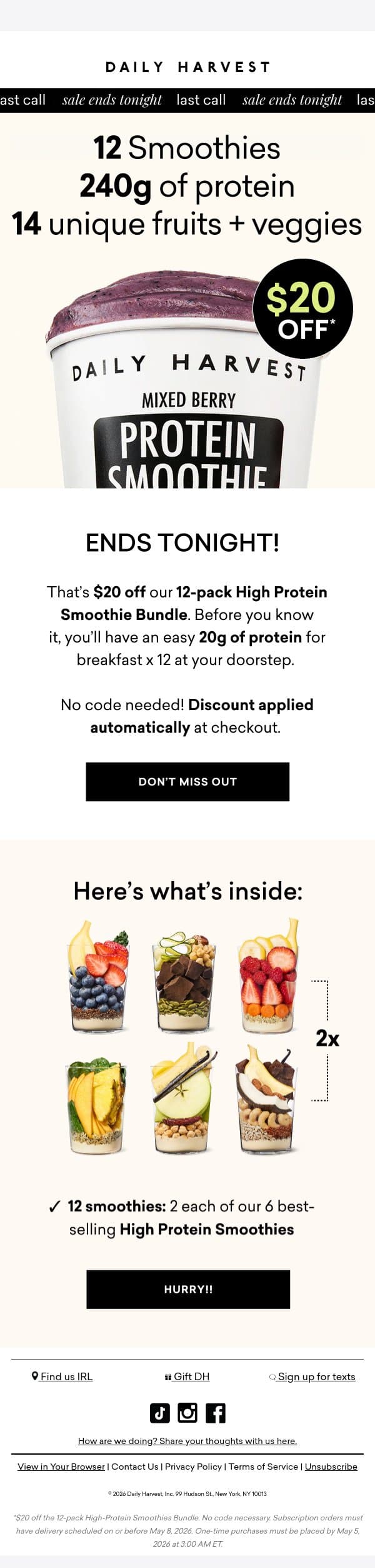 Our flash sale ends TONIGHT email from Daily Harvest screenshot
