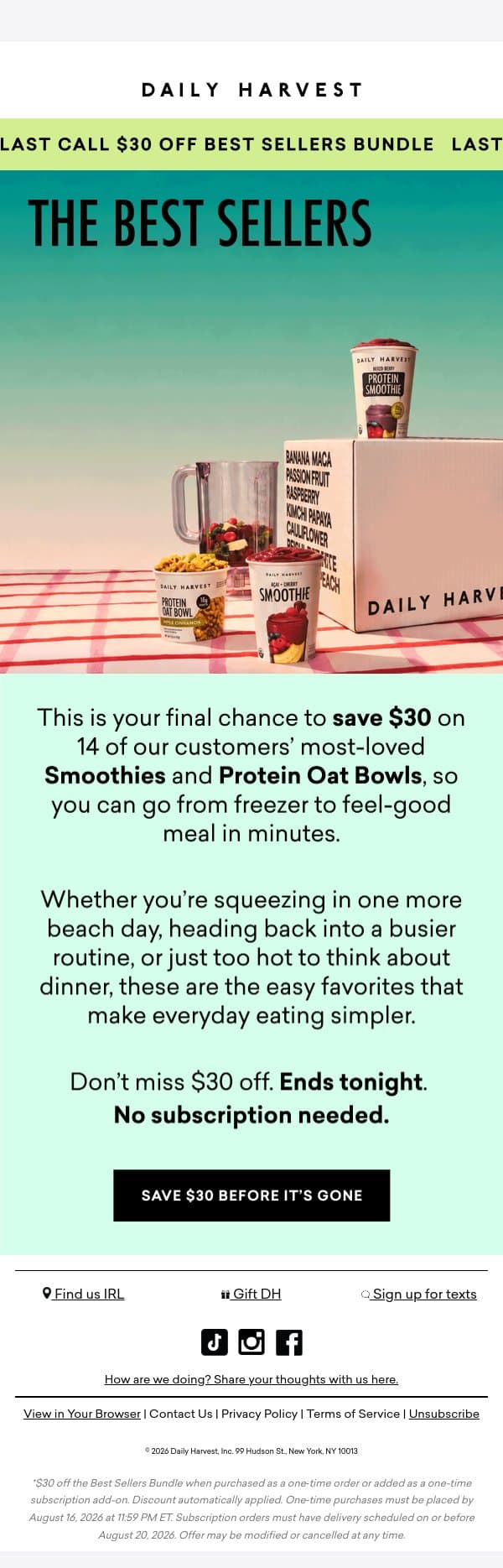 Last call: $30 off ends today email from Daily Harvest screenshot