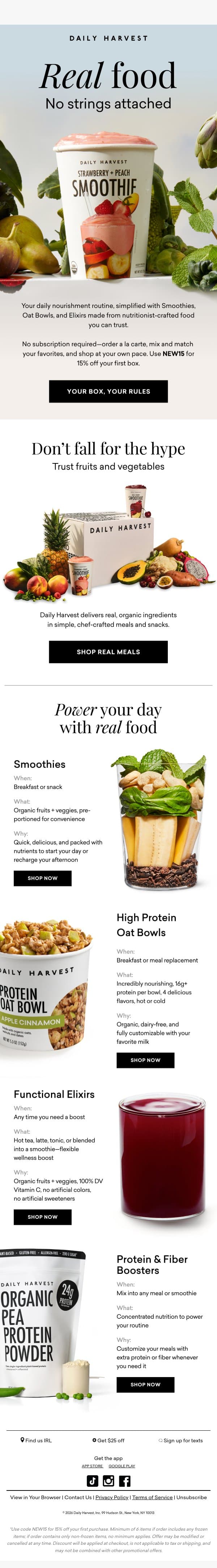 Real food, zero fuss—15% off email from Daily Harvest screenshot
