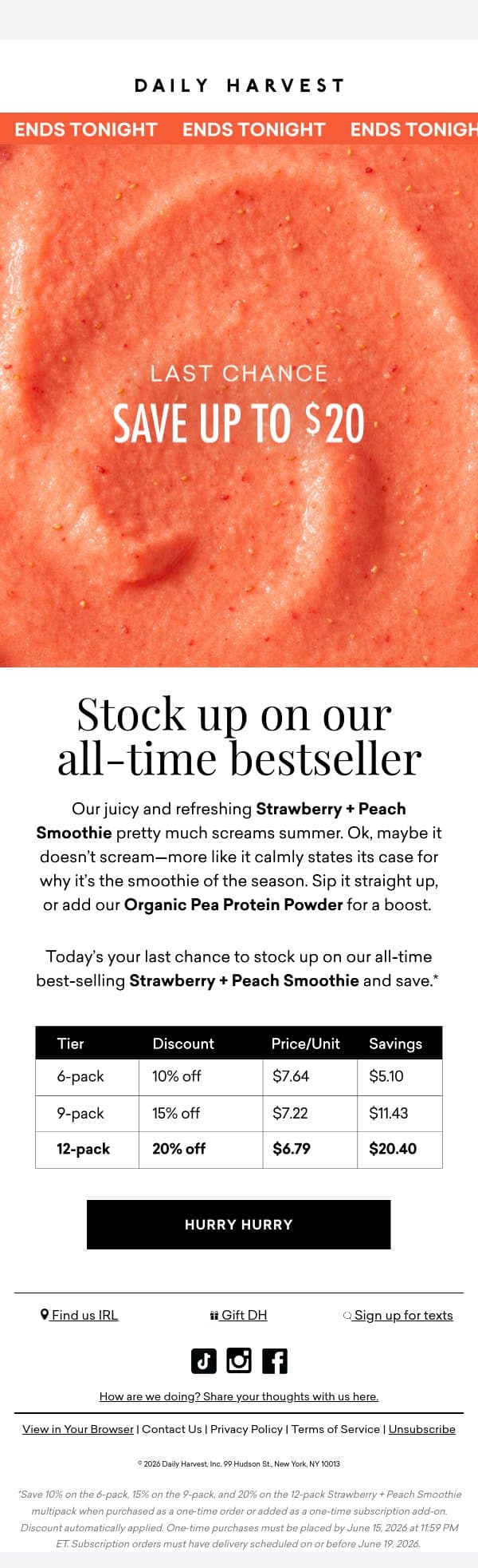 PSA: This offer ends TONIGHT email from Daily Harvest screenshot