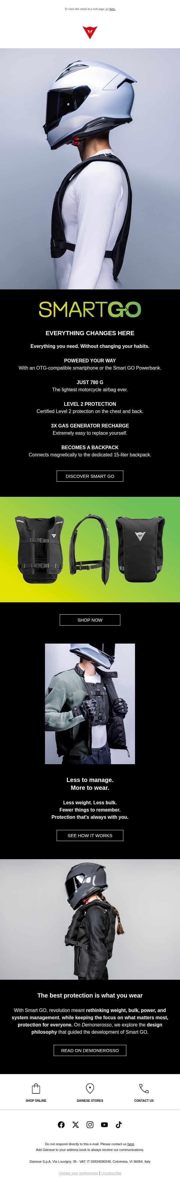 SMART GO. The airbag that changes the rules. email from Dainese Winter Sports screenshot
