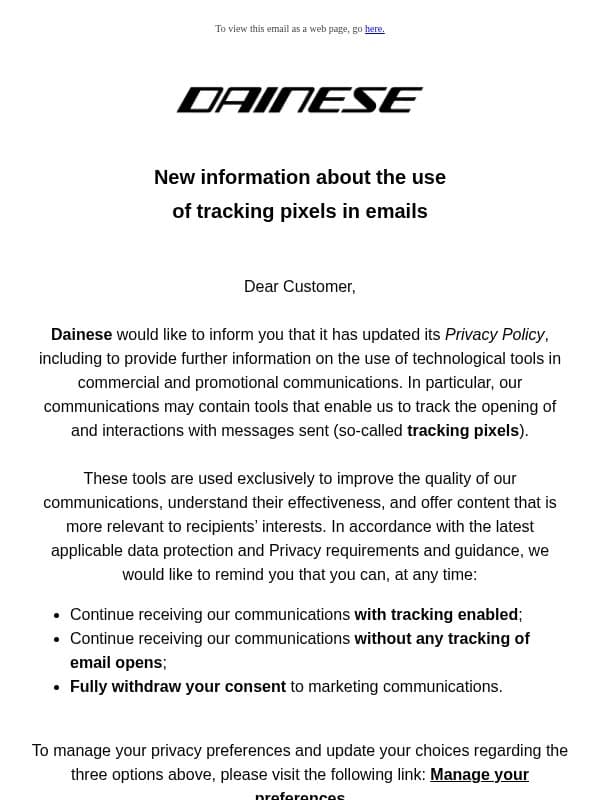Update to our Privacy Policy and Your Preferences email from Dainese Winter Sports