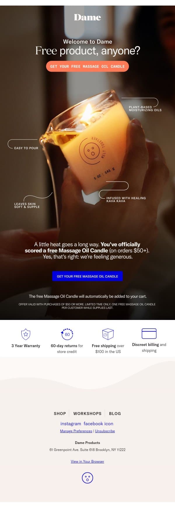 Free product, anyone? email from Dame Products screenshot