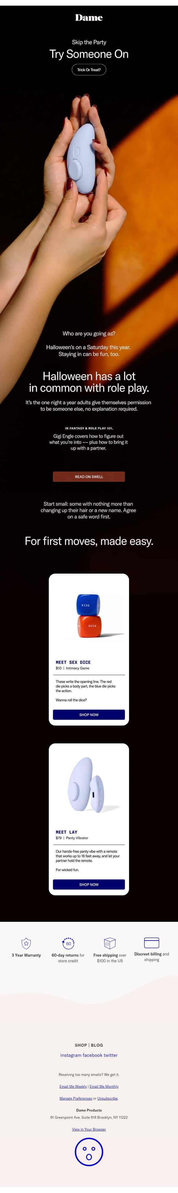 What are you going as? email from Dame Products screenshot