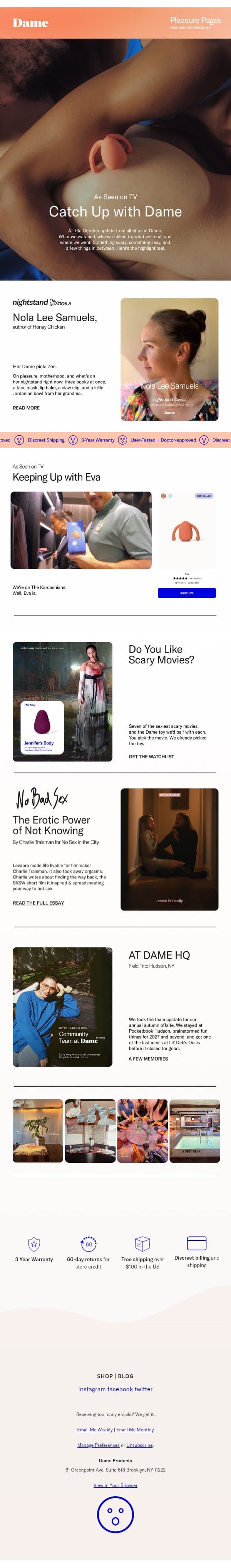 October’s Dame Digest email from Dame Products screenshot