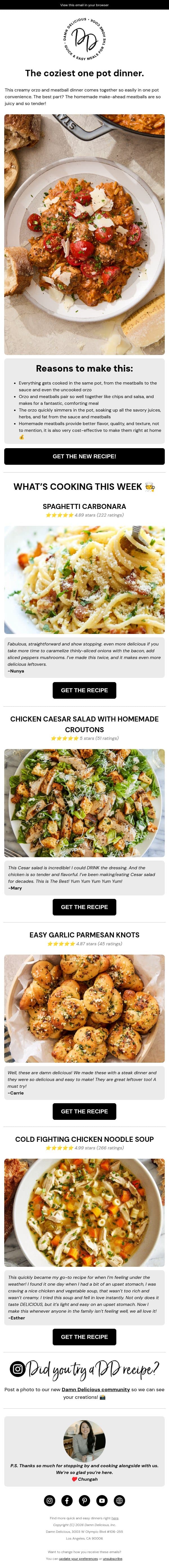 NEW RECIPE! 🍝 One Pot Creamy Orzo and Meatballs email from Damn Delicious screenshot
