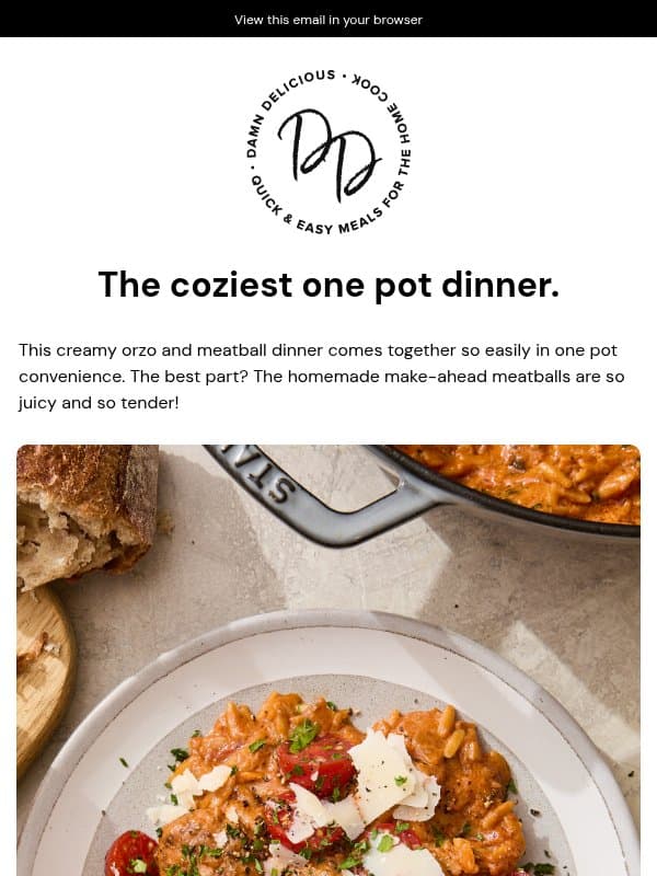 NEW RECIPE! 🍝 One Pot Creamy Orzo and Meatballs email from Damn Delicious