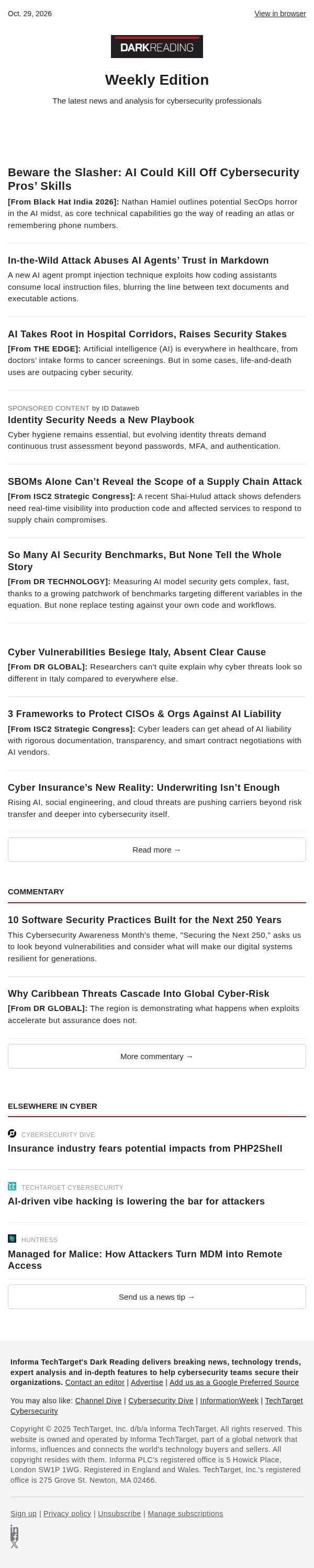 Oct. 29 - How AI Could Kill Off Cybersecurity Pros’ Skills | In-the-Wild Attack Abuses Agents’ Trust in Markdown email from Dark Reading screenshot