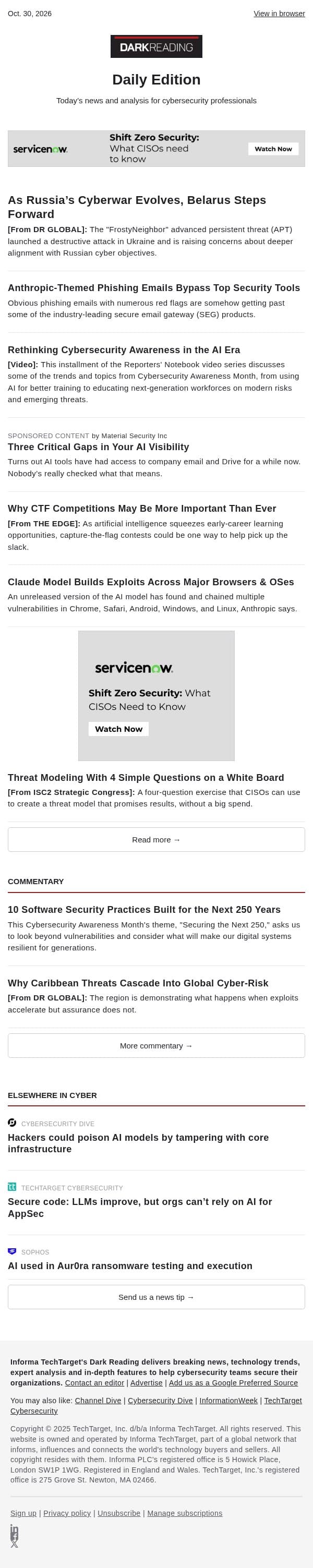 Oct. 30 - As Russia’s Cyberwar Evolves, Belarus Steps Forward email from Dark Reading screenshot