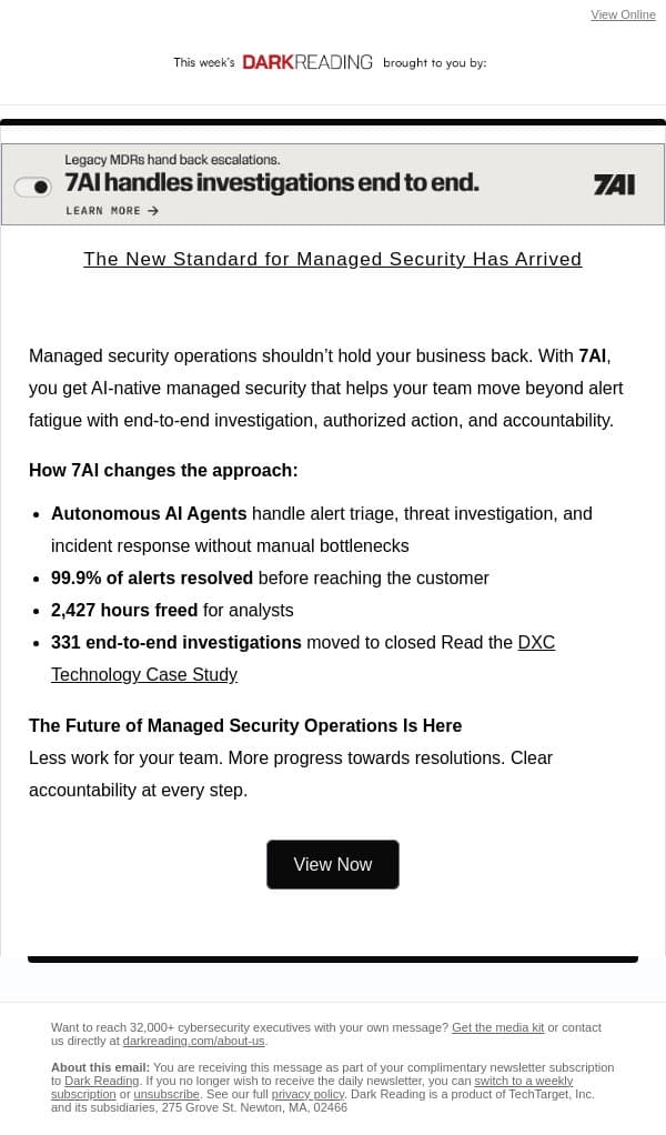 The New Standard for Managed Security Has Arrived email from Dark Reading screenshot