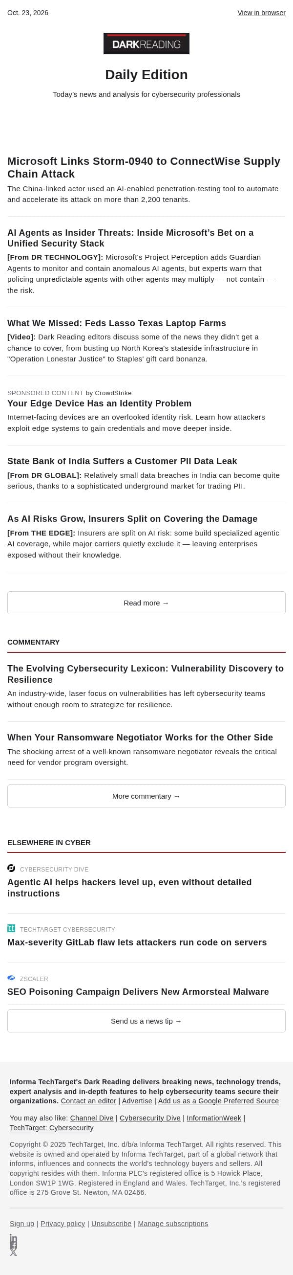 Oct. 23 - Microsoft Links Storm-0940 to ConnectWise Supply Chain Attack email from Dark Reading screenshot