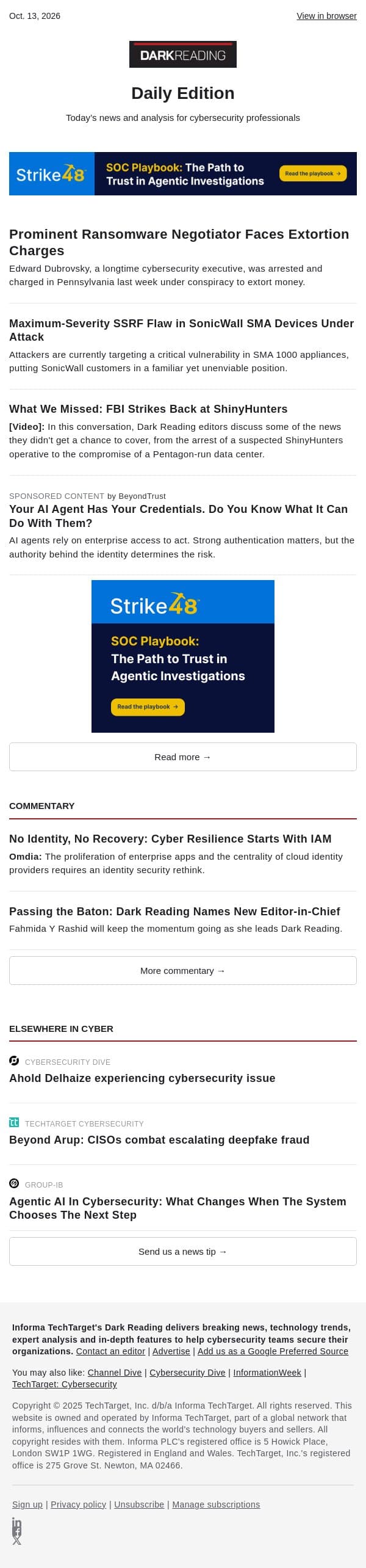 Oct. 13 - Prominent Ransomware Negotiator Faces Extortion Charges email from Dark Reading screenshot