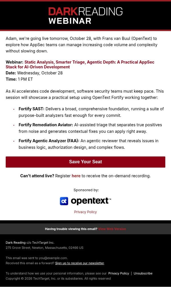 Last Call: Modern AST with Frans van Buul (OpenText) email from Dark Reading screenshot