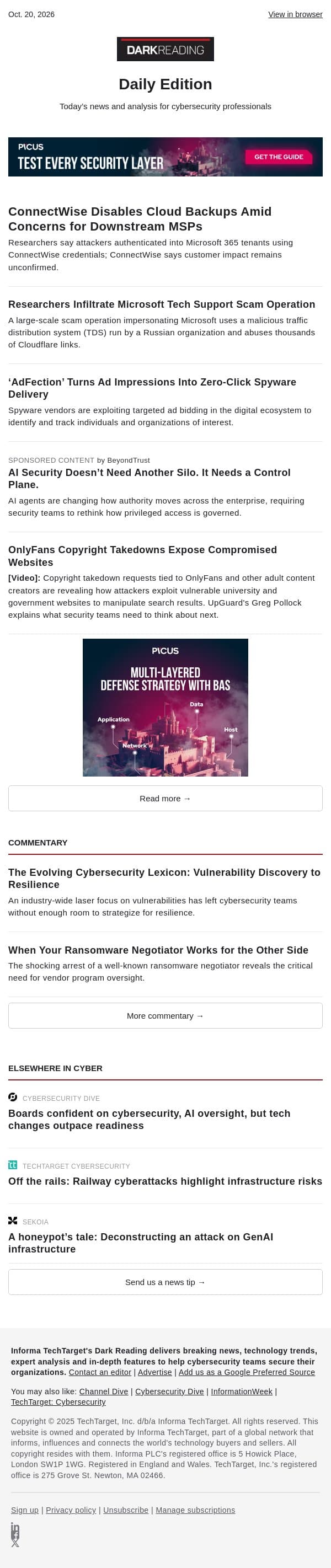 Oct. 20 - ConnectWise Disables Cloud Backups Amid Concerns for Downstream MSPs email from Dark Reading screenshot