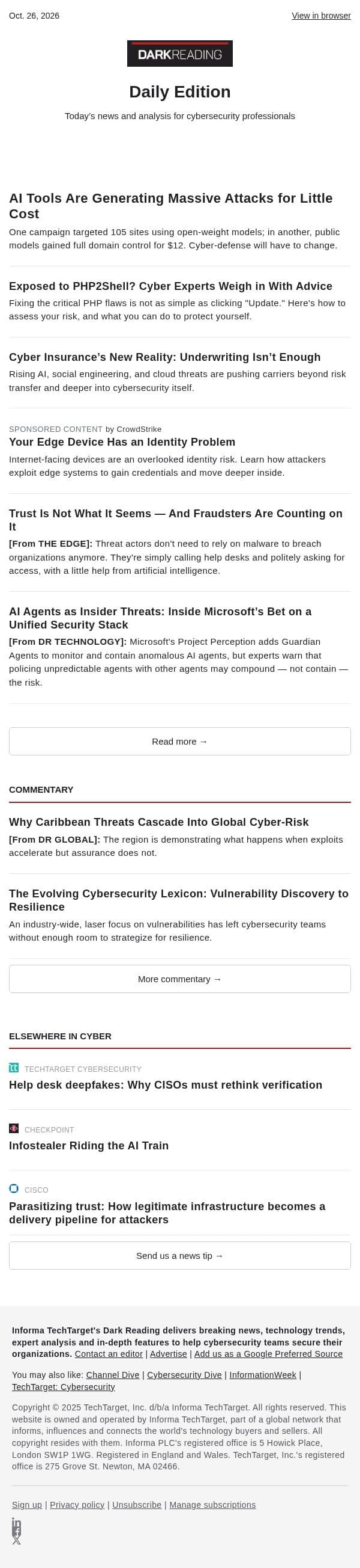 Oct. 26 - AI Tools Are Generating Massive Attacks for Little Cost email from Dark Reading screenshot
