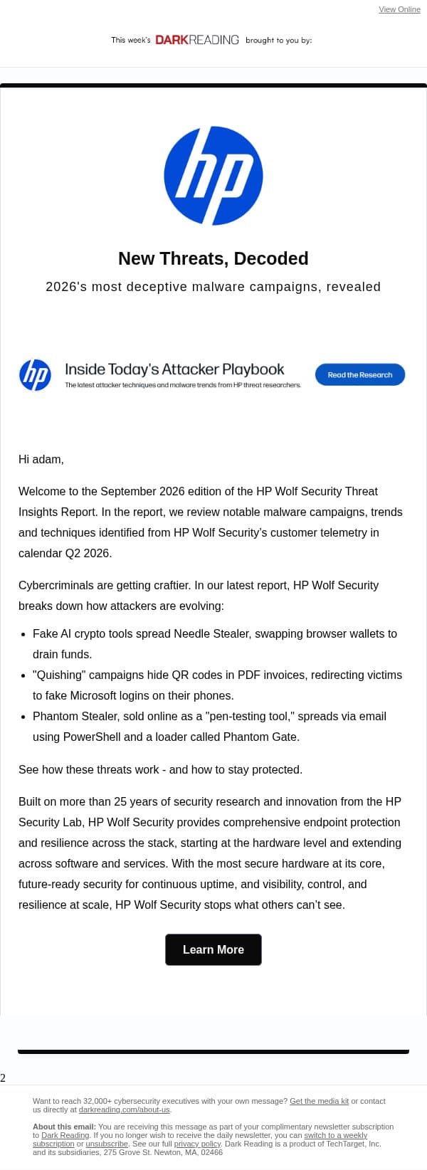 New Threats Uncovered: 2026 Insights Report email from Dark Reading screenshot