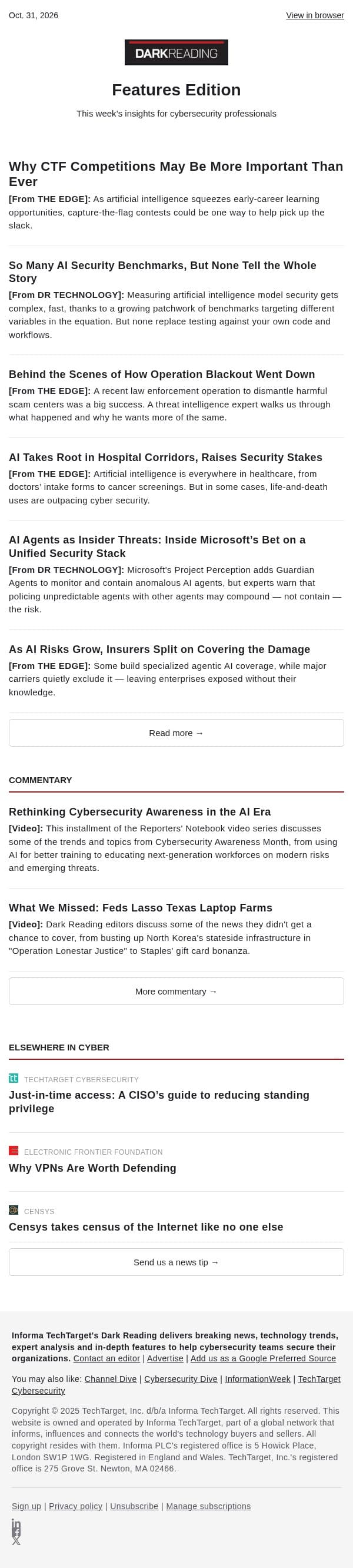 Oct. 31 - FEATURES EDITION | Why CTF Competitions May Be More Important Than Ever email from Dark Reading screenshot