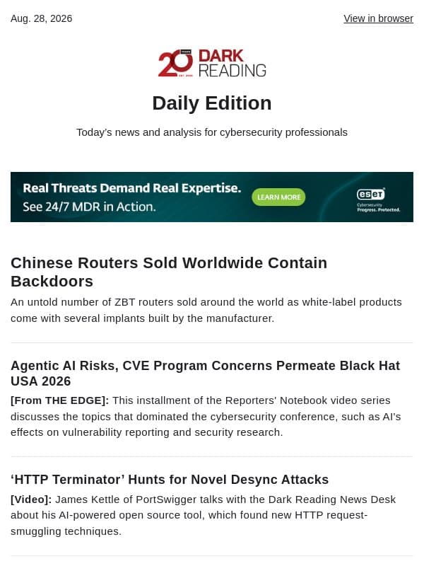 Aug. 28 - Chinese Routers Sold Worldwide Contain Backdoors email from Dark Reading