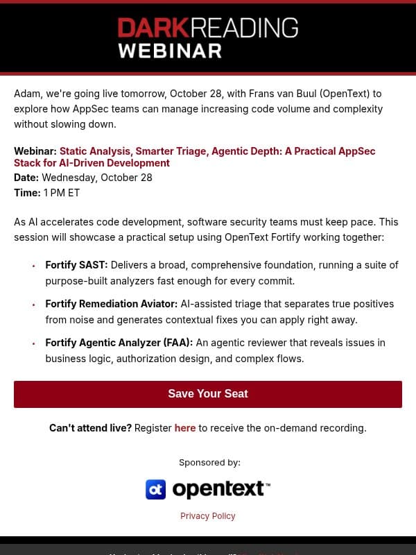 Last Call: Modern AST with Frans van Buul (OpenText) email from Dark Reading