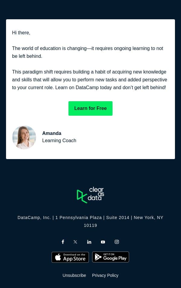 Don’t get left behind. Education is changing email from DataCamp screenshot
