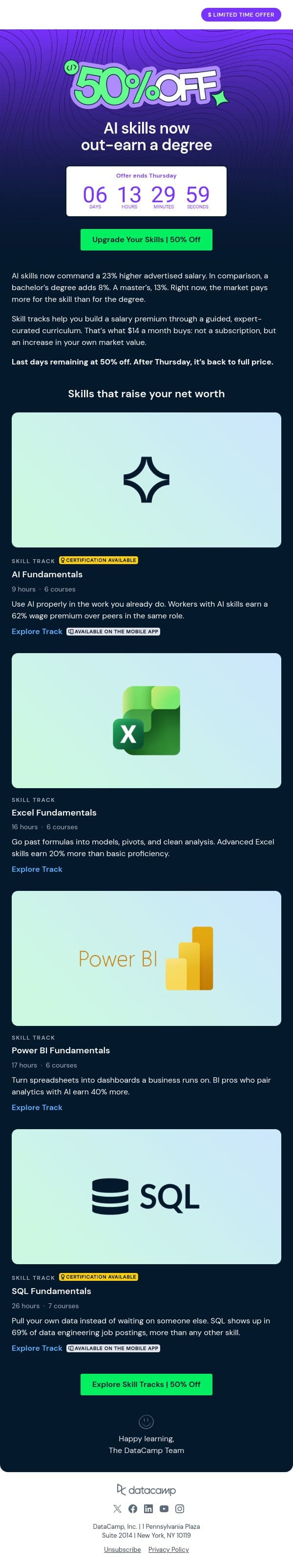 The skills that pay more, at half the price. email from DataCamp screenshot