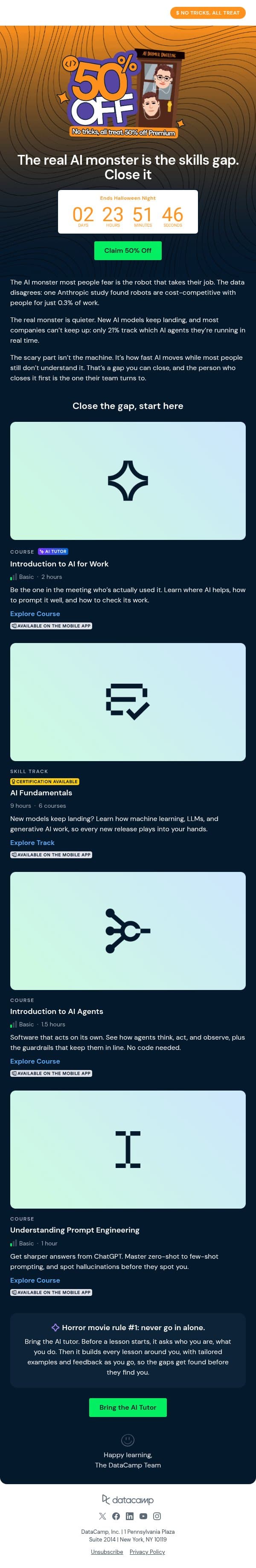 Last chance: 50% off ends Saturday 🎃 email from DataCamp screenshot