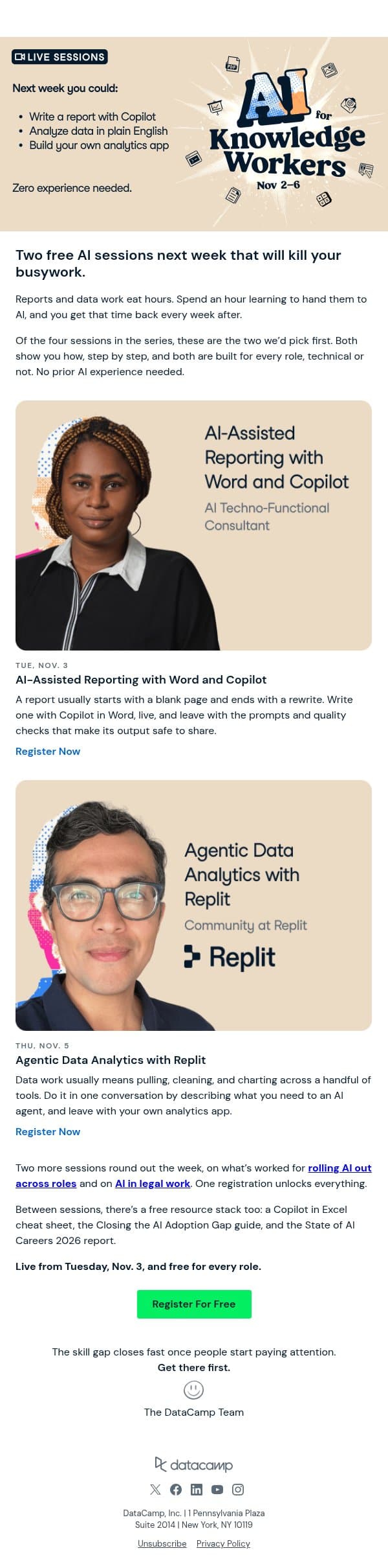 Live next week: Analyze your data in plain English email from DataCamp screenshot