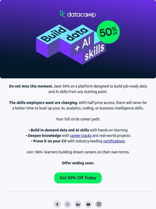 50% off DataCamp's career pathway email from DataCamp