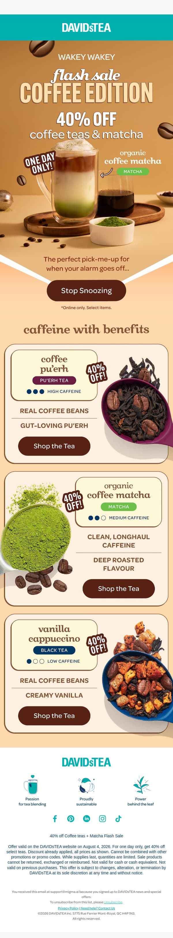 FLASH SALE on coffee teas🚨 email from DAVIDsTEA screenshot