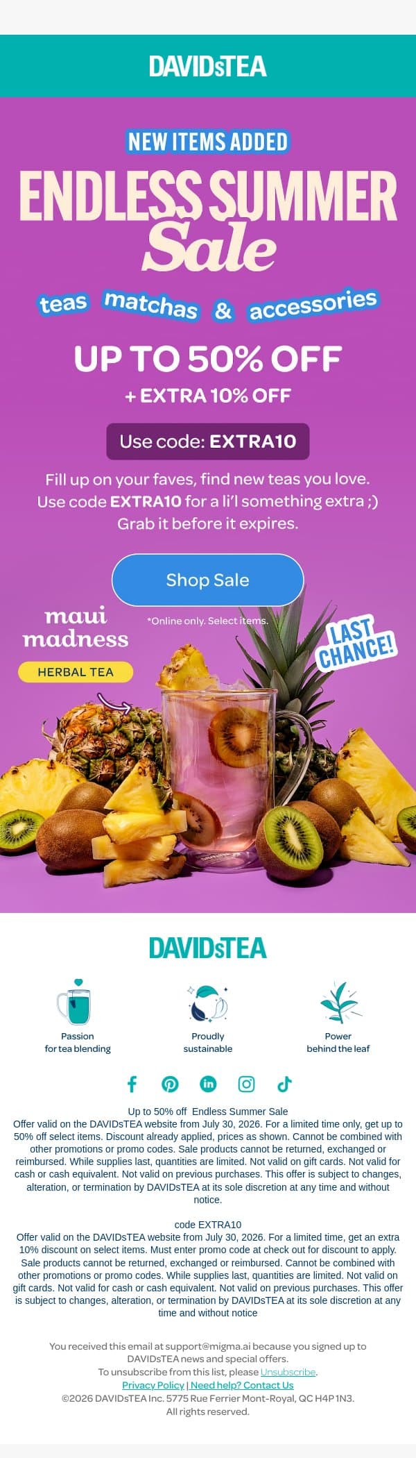 π π Up to 50% OFF + EXTRA 10 email from DAVIDsTEA screenshot