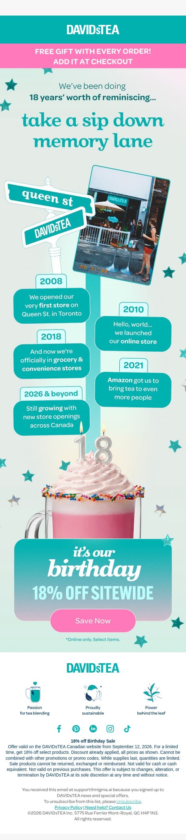 18% off BIRTHDAY FLASH SALE π₯³ email from DAVIDsTEA screenshot