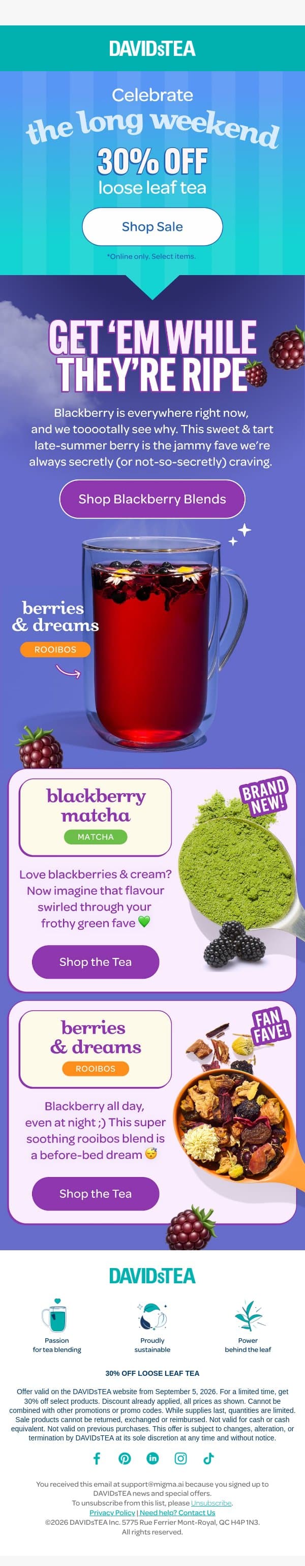 30% OFF ends tomorrow! email from DAVIDsTEA screenshot