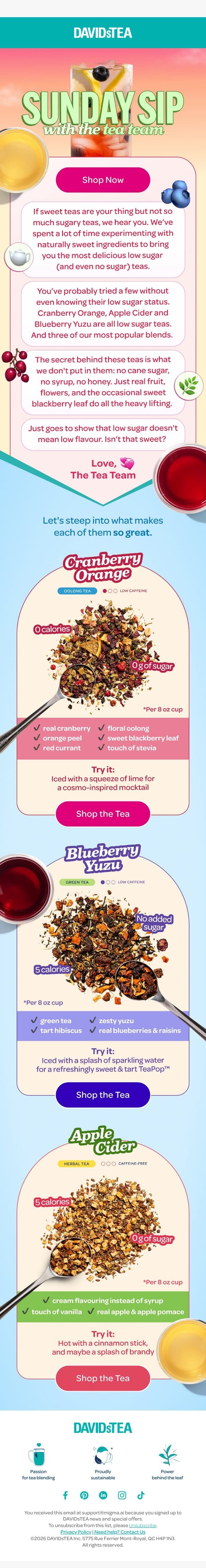 Sunday Sip low sugar teas 🍋 email from DAVIDsTEA screenshot
