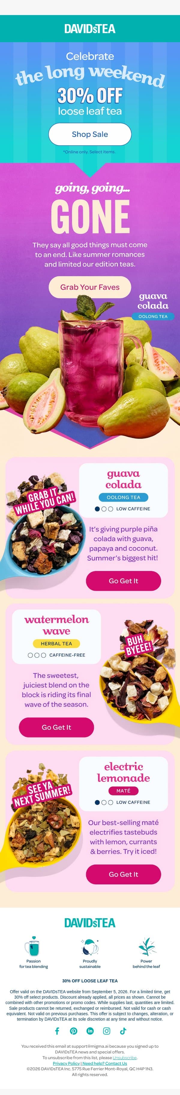 Hours left for 30% OFF ⏰ email from DAVIDsTEA screenshot