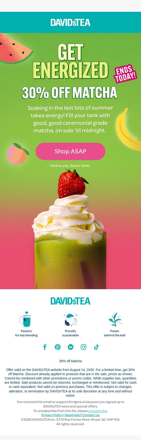 Last chance 🍵 30% OFF email from DAVIDsTEA screenshot