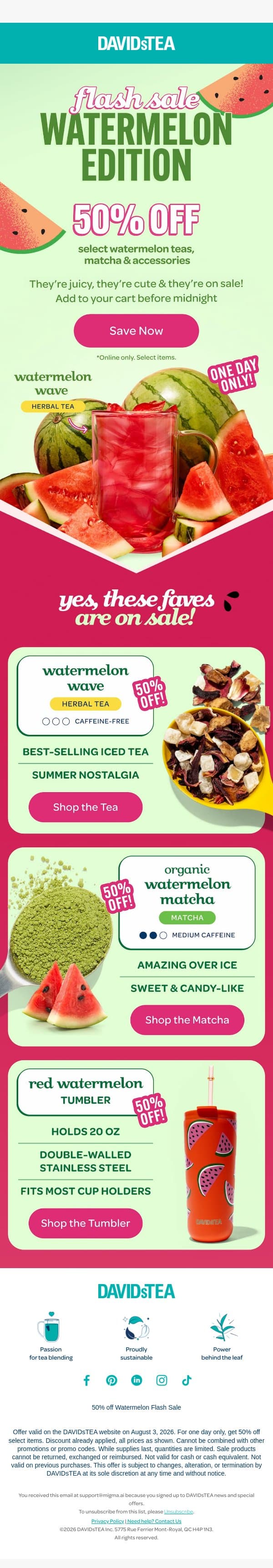 50% OFF everyone’s fave 🍉🍉🍉 email from DAVIDsTEA screenshot
