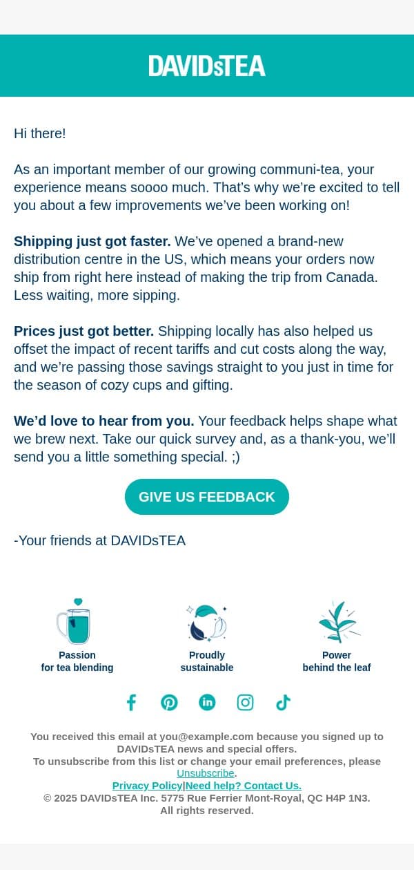 We’ve made BIG changes email from DAVIDsTEA screenshot