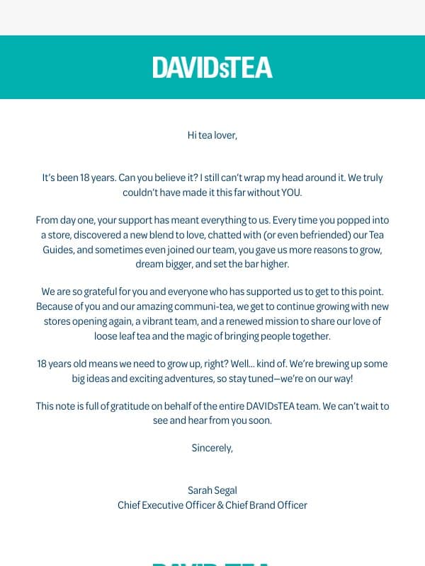 18 is a big deal 🎂❤️ email from DAVIDsTEA