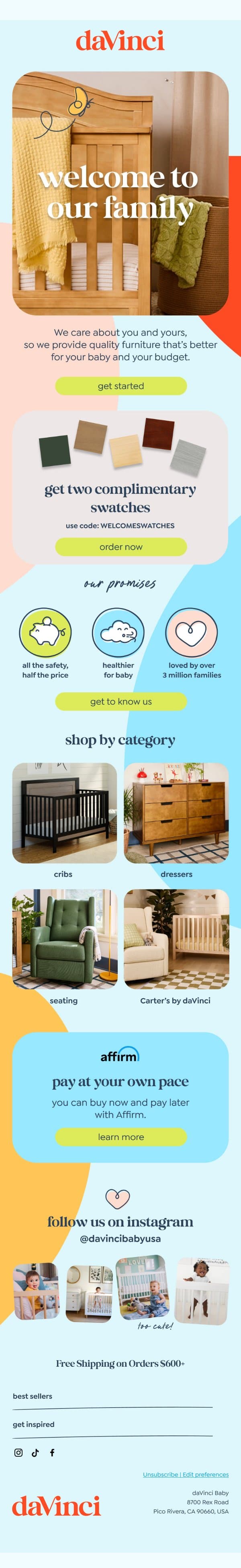 Welcome to the DaVinci Family! email from DaVinci Baby screenshot