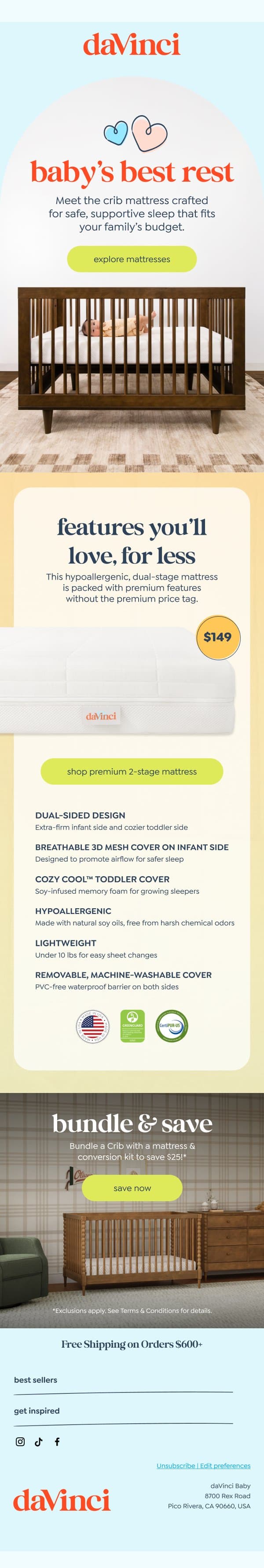 safe, supportive sleep starts here email from DaVinci Baby screenshot