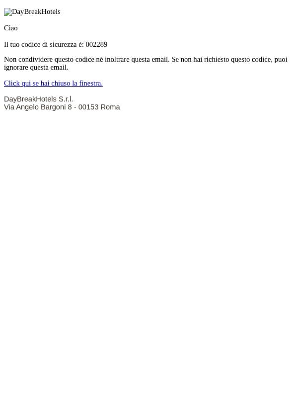 Attiva account DayBreakHotels email from DayBreak Hotels screenshot